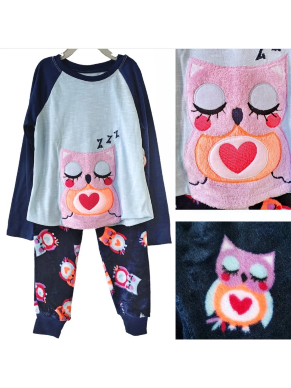 Girls Wonder Nation NWT Owl Pajama Set Size XS 4-5 Fuzzy Fleece Heart 2 piece